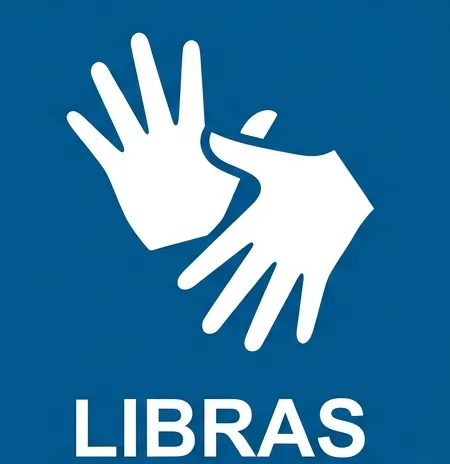 Símbolo internacional de Libras - mãos estilizadas indicando acessibilidade em língua de sinais